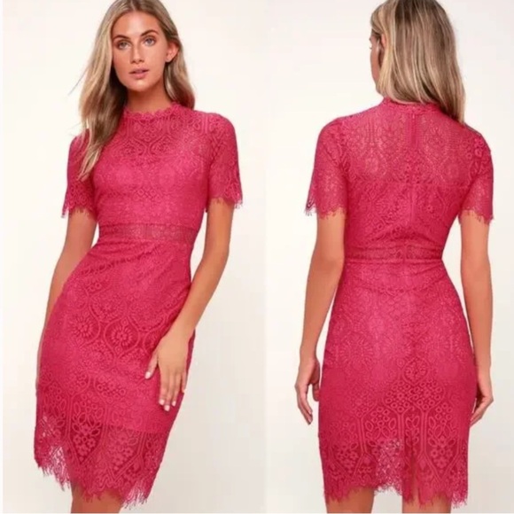 Lulus Dresses & Skirts - Lulus Women XS Fuchsia Lace High Neck Remarkable Short Sleeve Sheath Dress